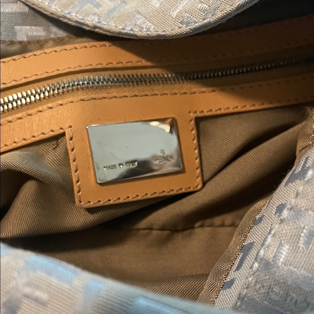 Fendi Light Blue Monogram Shoulder Bag with Tan Leather Strap -Zucchino - Picture 9 of 15